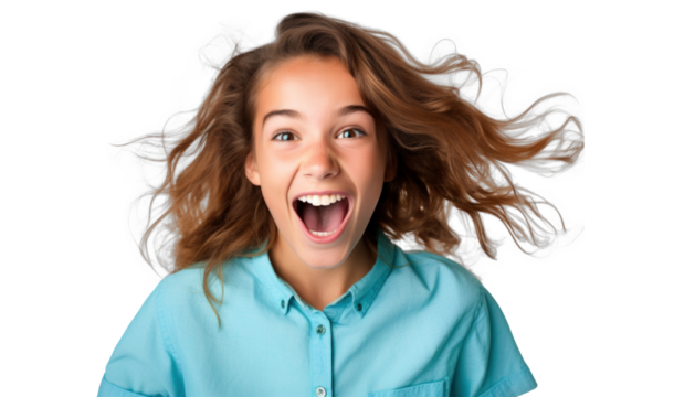 surprised joyful teenager girl, png file of isolated cutout object on transparent background.