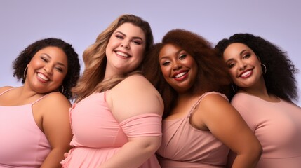 Group of beautiful plus size women posing in studio, body positivity, multiculturalism, inclusivity, Multiethnic, smile, happy, neutral pastel tones