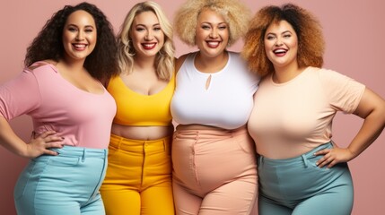 Group of beautiful plus size women posing in studio, body positivity, multiculturalism, inclusivity, Multiethnic, smile, happy, colorful tones