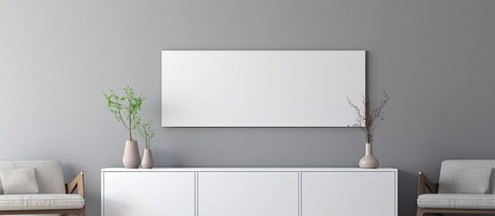 Empty dark wall background with mockup frame on cabinet in living room interior