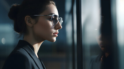Businesswoman looking through office condo wearing glasses - obrazy, fototapety, plakaty