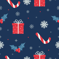 Fototapeta na wymiar Seamless pattern with snowflakes, mistletoe, present box and candy cane. Christmas card on blue background. Vector illustration