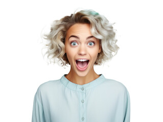 surprised joyful young woman, png file of isolated cutout object on transparent background. - obrazy, fototapety, plakaty