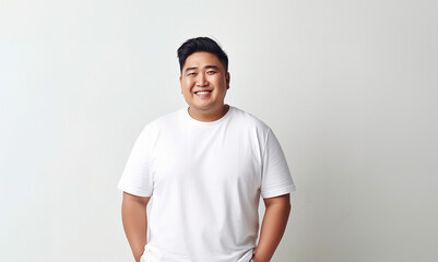 Proud Asian big fat overweight men in white black shirt isolated on white background. White t shirt on a young man template on white background. copy space - obrazy, fototapety, plakaty