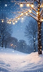 A Snowy Landscape With Christmas Lights And Falling Snowflakes