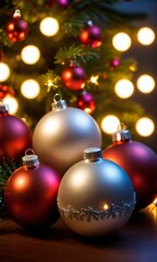 Fototapeta na wymiar Christmas Ornaments Glowing Under Soft Fireplace Light