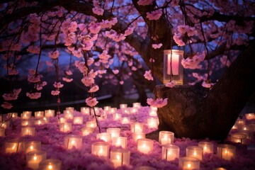 Candle Lights under Cherry Blossom Tree  Generative Ai