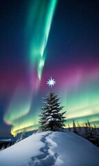 Fototapeta premium A Christmas Star Atop A Snowy Hill, With Northern Lights Illuminating The Dark Sky.