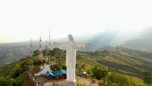 Cali Colombia Drone Orbital Footage: Cristo Rey Public Monument with Aerial View