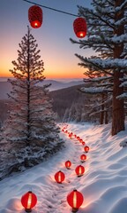 A Snowy Landscape With A Trail Of Pine Cones, Red Berries, And Glowing Lanterns Leading The Eye, Captured During Sunset.