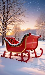 An Old-Fashioned Sleigh Adorned With Twinkling Lights And Red Ribbons, Sitting In Fresh Snow, Under The Golden Hour Sky.