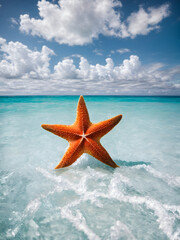 Fototapeta na wymiar starfish on a white beach, crystal clear ocean water and blue sky with white clouds