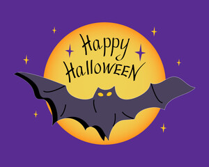 Banner, card, text Happy Halloween. Moon and bat. Badge, label, logo with text. Vector illustration.	