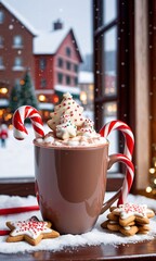 Photo Of Christmas Hot Cocoa Mug With A Candy Cane Stirrer Beside Star-Shaped Cookies On A Window Sill Overlooking A Snowy Town Square