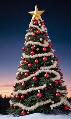 Photo Of Christmas Pine Tree Adorned With Candy Canes And Golden Stars Against A Twilight Sky