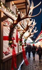 Photo Of Christmas Reindeer Antlers Wrapped With Fairy Lights And Red Ribbons In A Bustling Christmas Market