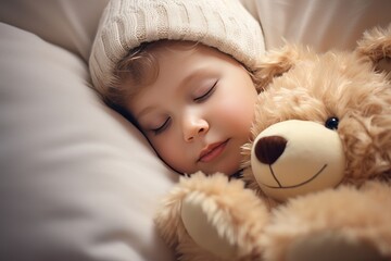 sleeping toddler cuddling with stuffed animal sheltered childhood Gnerative Ai