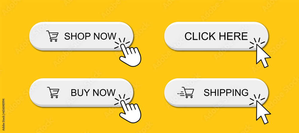 Fototapete 3d click here web buttons. Set of action button, hand cursor and arrow pointing click link buttons. Add to cart, shop now buttons. Online shopping icons for UI UX website, mobile app. Vector 10 eps.
