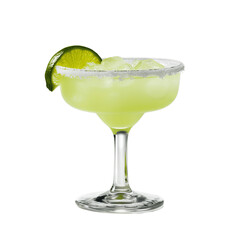 Margarita Cocktail in a Salt-Rimmed Glass with a Slice of Lime Isolated on White Background
