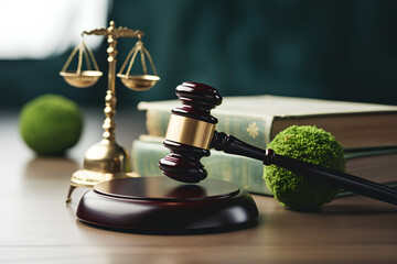 International Law and Environment Law.Green World and gavel on a book with scales of justice. law for global economic regulation aligned with the principles of sustainable environmental conservation. - obrazy, fototapety, plakaty