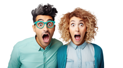 happy amazed couple of young people, png file of isolated cutout object on transparent background.