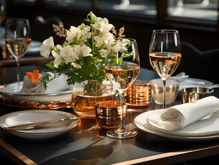 Fototapeta premium Luxurious dining with elegant tableware and beverages.