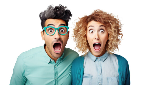 happy amazed couple of young people, png file of isolated cutout object on transparent background.