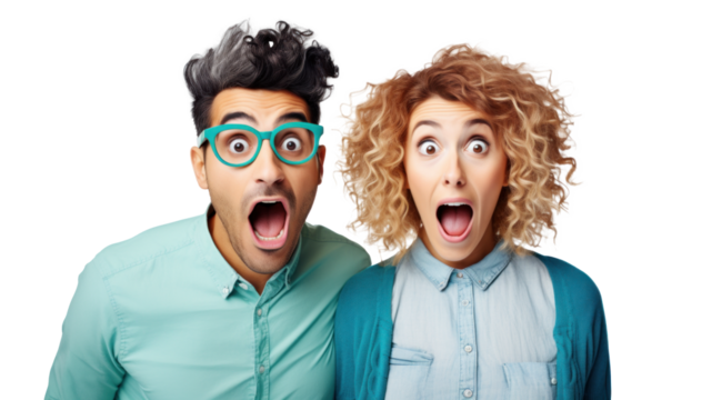 happy amazed couple of young people, png file of isolated cutout object on transparent background. - Powered by Adobe