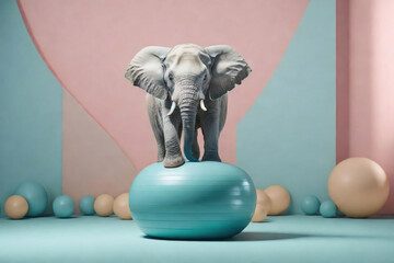 An elephant balancing on a blue Pilates ball, surrounded by pastel balls.