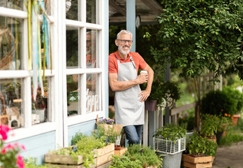 Handsome Mature Man Wearing Apron Standing At Terrace Near Greenhouse