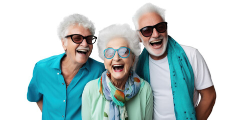 group of three happy old people, png file of isolated cutout object on transparent background.