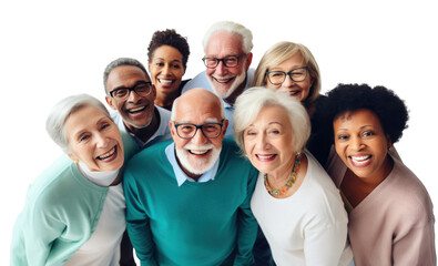 diversified group of happy old people, png file of isolated cutout object on transparent background.