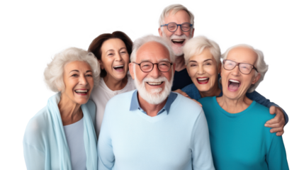 diversified group of happy old people, png file of isolated cutout object on transparent background.
