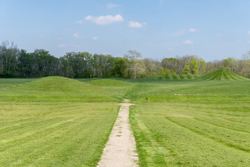 Fototapeta na wymiar Hopewell Culture National Historical Park with earthworks and burial mounds from indigenous peoples who flourished from about 200 BC to AD 500. Mound City group in Chillicothe, Ohio.