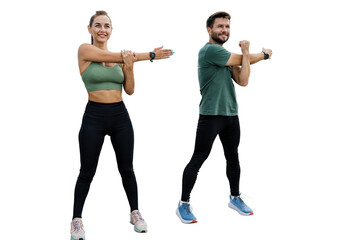 People are friends together interval training man and woman in fitness clothes. Sports couple family coach and client doing exercise. Healthy and active lifestyle. Isolated background.