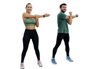 People are friends together interval training man and woman in fitness clothes. Sports couple family coach and client doing exercise.   Healthy and active lifestyle. Isolated background.