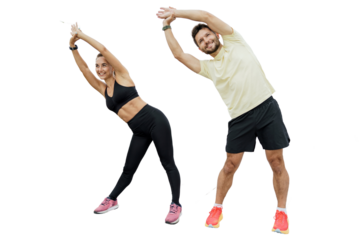 Sports couple family coach and client doing exercise.  People are friends together interval training man and woman in fitness clothes. Healthy and active lifestyle. Isolated background.