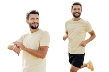Athlete runner full-length interval training, sportswear and running shoes. A man running . Collage from different sides of a person. Healthy and active lifestyle. Isolated background.