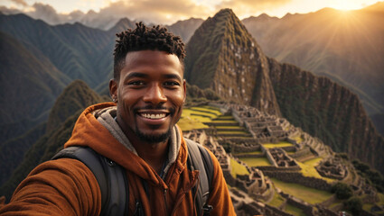 African man smiling and enjoying an incredible trip through Peru, visiting the ruins of Machu Picchu, backpacking around the world, nomadic lifestyle, Latin America summer sunset, wonder of the world