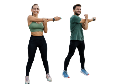 People are friends together interval training man and woman in fitness clothes. Sports couple family coach and client doing exercise. Healthy and active lifestyle. Isolated background.