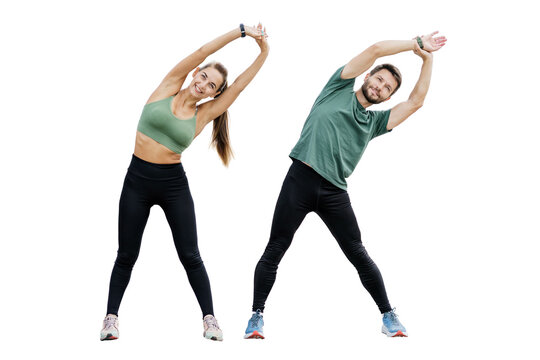 People are friends together interval training man and woman in fitness clothes. Sports couple family coach and client doing exercise.   Healthy and active lifestyle. Isolated background. - Powered by Adobe