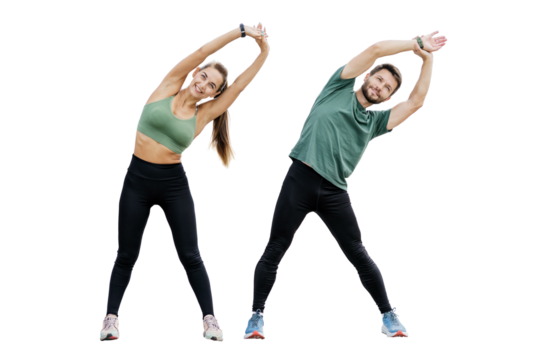 People are friends together interval training man and woman in fitness clothes. Sports couple family coach and client doing exercise.   Healthy and active lifestyle. Isolated background. - Powered by Adobe