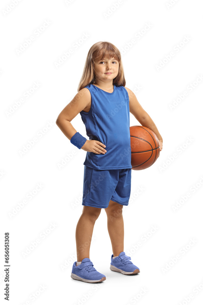 Sticker Little girl in a blue jersey holding a basketball