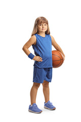 Little girl in a blue jersey holding a basketball