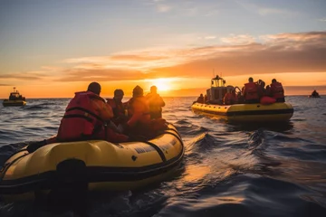 Selbstklebende Fototapeten Rubber boats full of immigrants on the dangerous Mediterranean route. © Irina