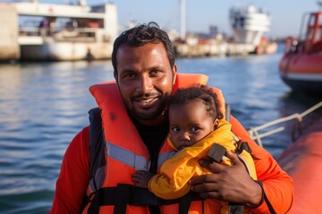 Happy father with his little baby who made it to Europe via the dangerous Mediterranean route. - obrazy, fototapety, plakaty