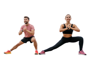People are friends together interval training man and woman in fitness clothes. Sports couple coach and client doing exercise. Healthy and active lifestyle. Isolated background.