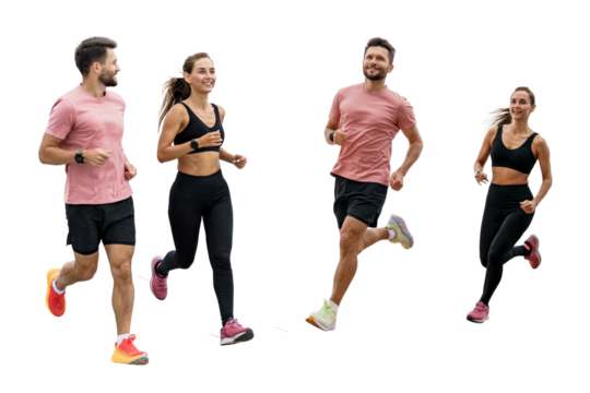 People running man and woman in fitness clothes. Sports couple coach and client doing a workout. Collage people