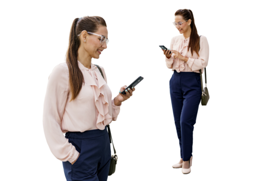 A young woman financier with glasses uses a workplace phone, an office employee in a shirt prints a letter working online. Collage people