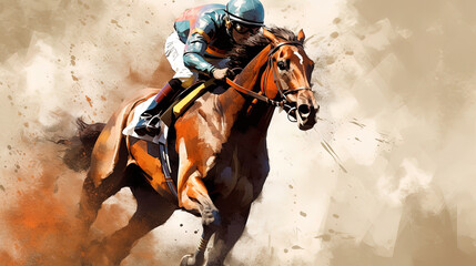 Horse racing . Digital illustration of thoroughbred horse and jockey. Generative AI